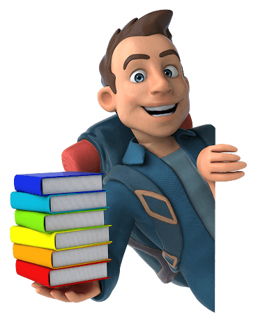 Learning character sitting on books with laptop