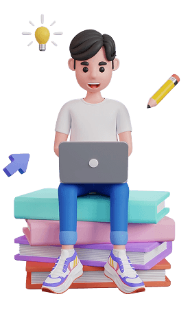 Learning character sitting on books with laptop